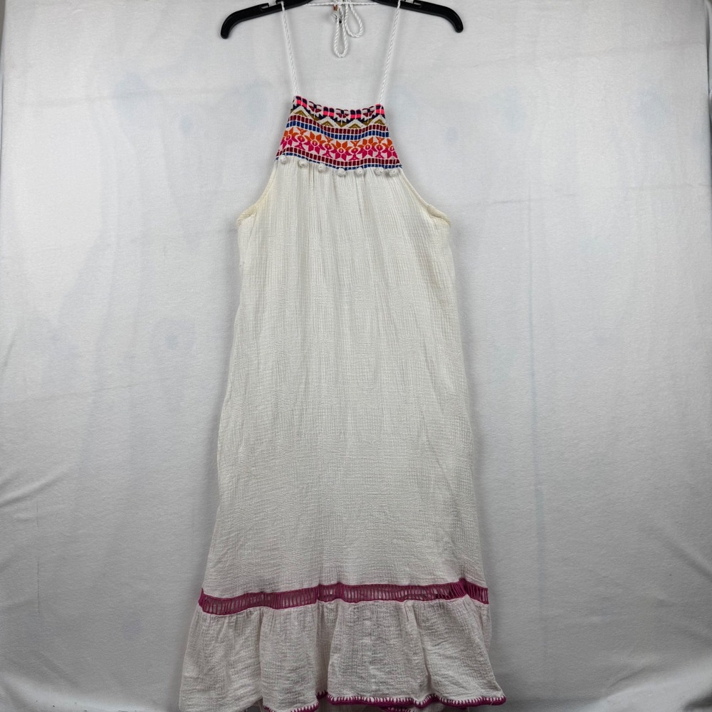 SAYLOR White Gauze Embroidered Halter‎ Dress Pom Pom Trim Sleeveless Boho Small